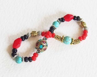 Bracelet Ethnique Yoga Zen - Esprit Tibet - Perles Gemme Turquoise, perle cloisonnée, perles de verre - Bijou créateur, pièce unique