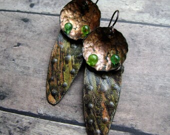 eco friendly up cycled tin earrings, Turkoman Goes Modern Rainforest, vintage tin jewelry, tin earring, lampwork headpin, AnvilArtifacts