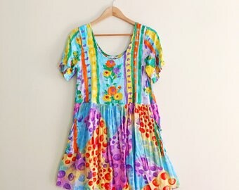Vintage Rainbow Watercolor Floral Babydoll Dress / Mini Dress / 80s