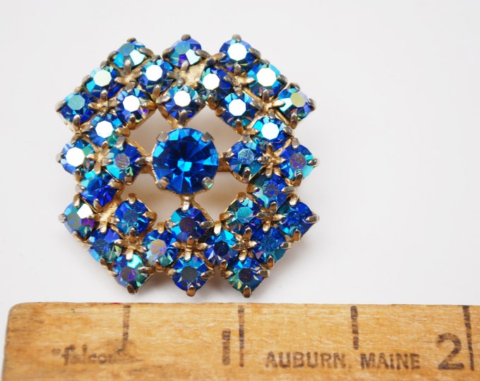 Atomic Brooch - Aurora Borealis - Blue Rhinestone - gold pin - Mid Century