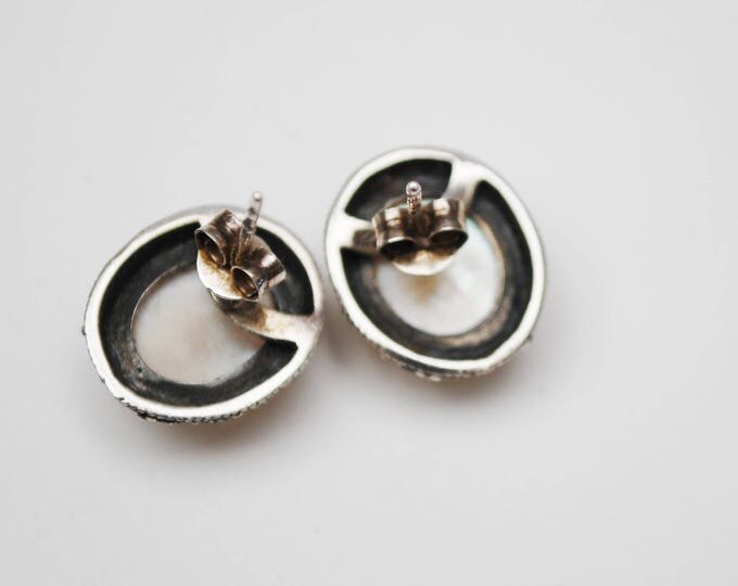 White Polished Moonstone earrings - in Oval sterling silver Marcasite setting pierced stud earring