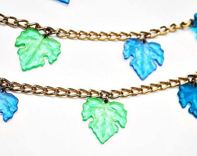 Blue Green Leaf Necklace - Lucite Plastic - grape leaf - gold tone chain - Turquoise