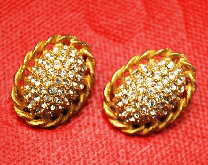 Bellini crystal Earrings - clear rhinestone - Oval - Gold - Clip on earrings