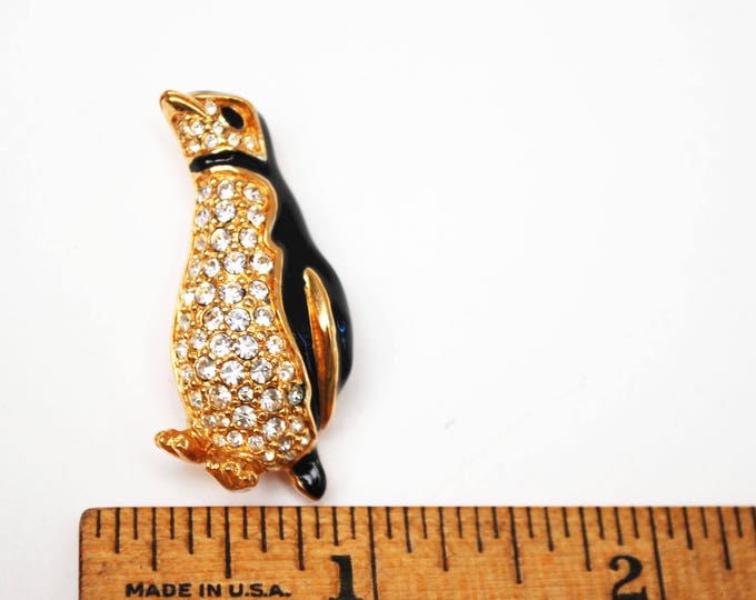 Swarovski Penguin Brooch - Swan signature clear rhinestone - Black enamel - gold metal - Figurine Pin