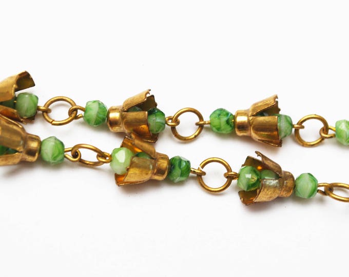 Bead Necklace - Brass Green glass - Art Deco - Boho -Peking Glass beads