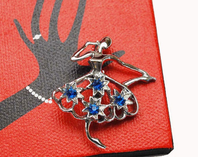 Ballerina brooch - Signed Gerry - Blue Rhinestones - Silver dancer figurine pin
