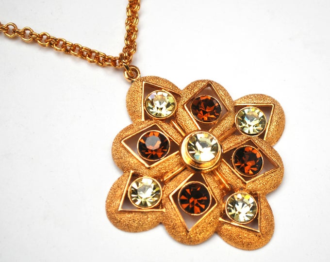 Starburst Pendant Necklace - Signed Sarah Coventry - Origional Box - Faux Citrine Topaz Crystal - Sarah Co - NOS