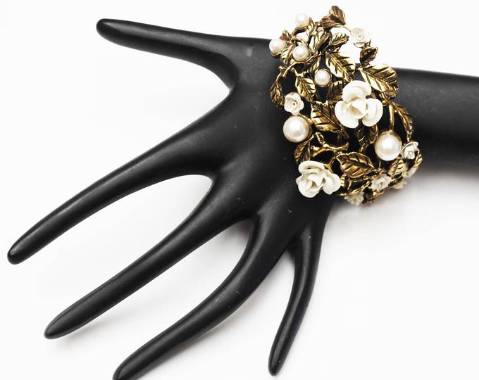 Flower clamper Bracelet - Gold repouse - white pearls,enamel flowers - wide Hinged bangle