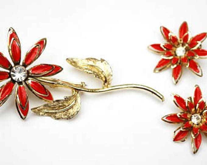 Enamel Flower Brooch earring set - orange red gold metal - Clear Rhinestone - Mid Century