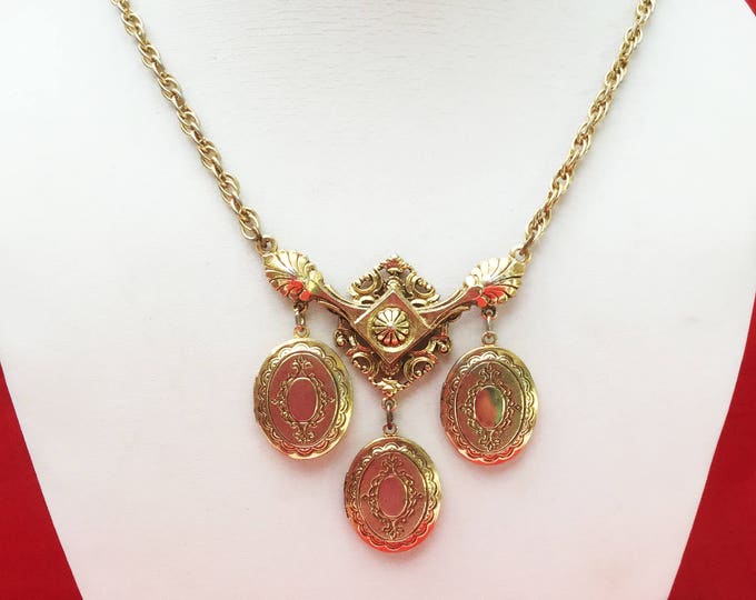 Locket necklace - Signed Art - Triple three locket - gold chain - Art Mode company - Victorian Revival - Pendants