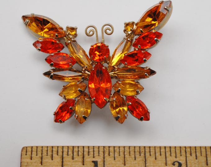 Butterfly Rhinestone Brooch - Orange Yellow crystal - gold - Insect pin - Mid Century Juliana style