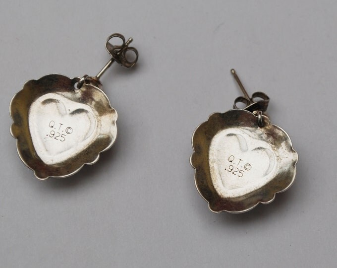 sterling Silver Sodalite dangle Heart Earrings - Blue gemstone inlay - Signed O T - pierced Earring