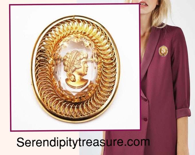 intaglio cameo Brooch - reversed Carved - Roman bust with Gold plated twisted Coil wire - Crystal pin