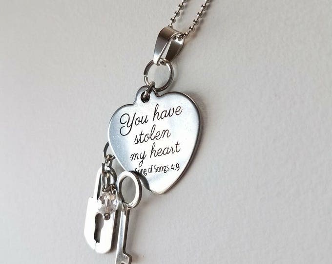 Stainless Steel heart Song of Songs 4:9 Christian Love lock and Key You have stolen my heart song of songs Lady Wife Girlfriend gift