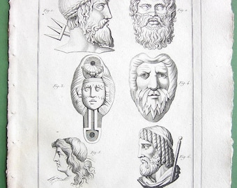 ROMAN GODS Deities Neptune Triton Leander Pluto (ruler of the Underworld). - 1804 Antique Copperplate Engraving Print