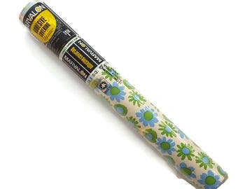 Vintage Contact Paper 70s Daisy Floral Blue Green Marvalon Adhesive Shelf Liner Roll Vinyl Wallpaper