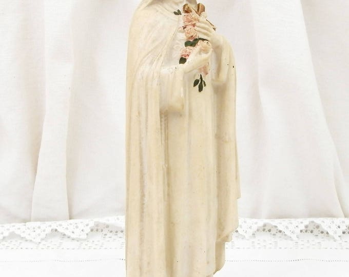 Antique French Religious Statue of Saint Teresa Chalkware Plaster of Paris, St Therese of Lisieux in Normandy Catholic Christian Sculpture