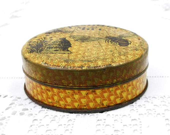 Vintage Yellow Honey Candie Lozenges Metal Tin with Bees and Hive Pattern from France, French Medicinal Tablets, Pastilles de Miel