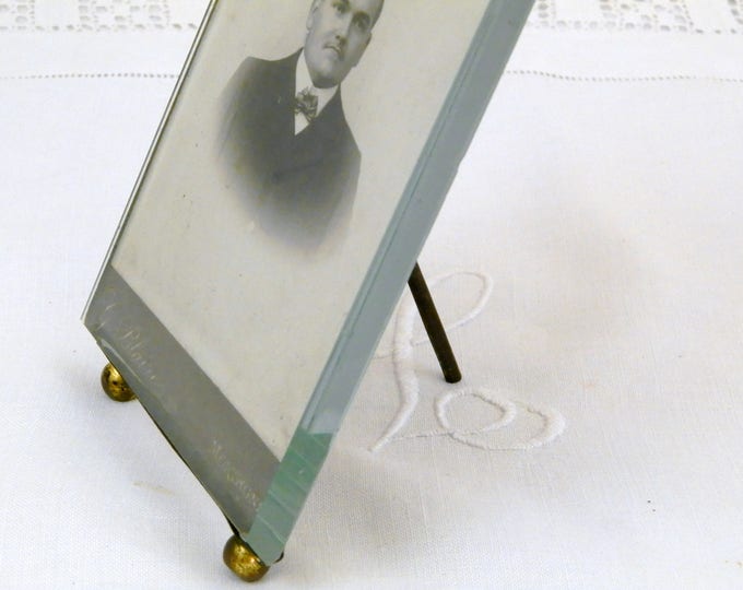 Antique French Beveled Glass Picture Frame Embossed Metal Ribbon Surround with Original Photograph, Napoleon 3 Thick Glass Portrait Frame Antique French Beveled Glass Picture Frame Embossed Metal Ribbon Surround with Original Photograph, Napoleon 3 Thick Glass Portrait Frame