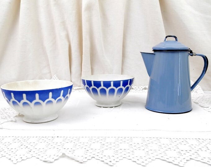 Antique Large Blue and White Coffee Bowls with Scalloped Sides from France, French Farmhouse Ceramic Café au Lait Bowls, Country Latte Bowl Antique Large Blue and White Coffee Bowls with Scalloped Sides from France, French Farmhouse Ceramic Café au Lait Bowls, Country Latte Bowl