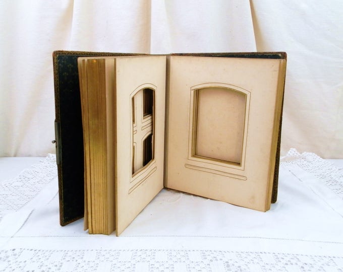 Antique French Leather Bound Photo Portrait Album with Metal Lock and Gold Gilt Edges, Family Photograph Book, Brocante Home Decor