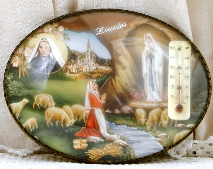 Vintage French Novelty Religious Thermometer with Picture of Bernadette Soubirous of Lourdes with Virgin Mary Apparition inside Domed Glass
