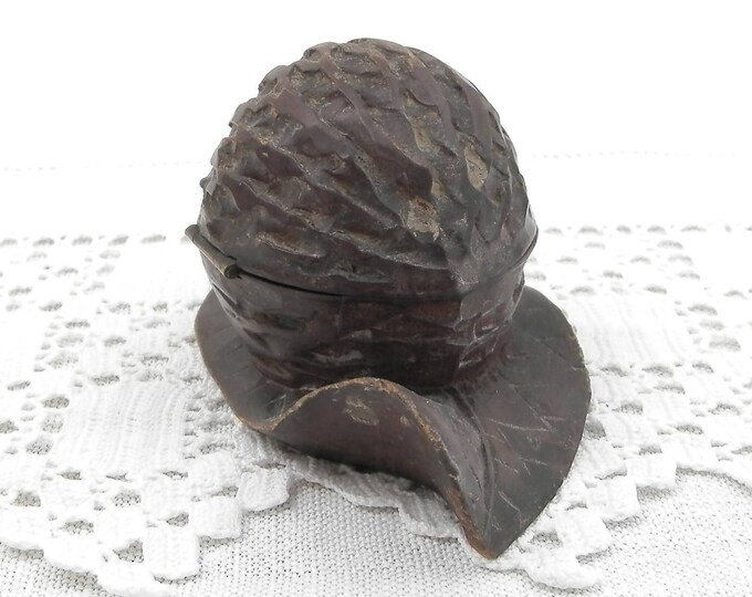 Antique Carved Wooden Black Forest Artisan Walnut and Leaf Shaped Inkwell, Primitive Wood Sculpted Nut 19th Century Curios, Collectible