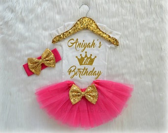 Baby Girl First Birthday Shirt, Hot Pink and Gold with Custom Name, 1st Tutu Headband Set, Short and Long Sleeve Bodysuit Tshirt 242