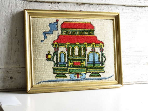 Vintage colorful San Francisco Streetcar needlepoint / framed Vintage colorful San Francisco Streetcar needlepoint / framed