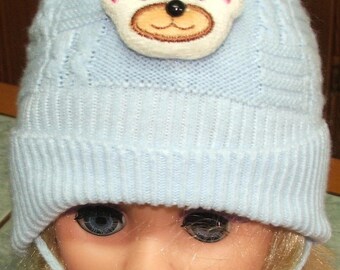 Baby blue baby bonnet with tassel 1/12 months - acrylic