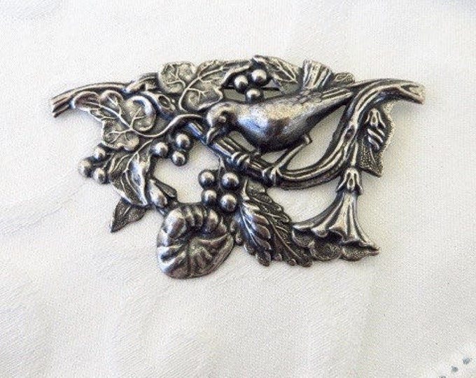 Antique Art Nouveau Brooch, Sterling Nouveau Bird Pin, Florals & Berries, Vintage Bird Jewelry, Nature Brooch