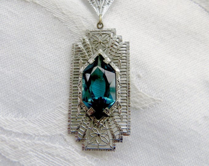 Antique Art Deco Filigree Necklace, Aquamarine Stone, Vintage Wedding Necklace, Something Blue