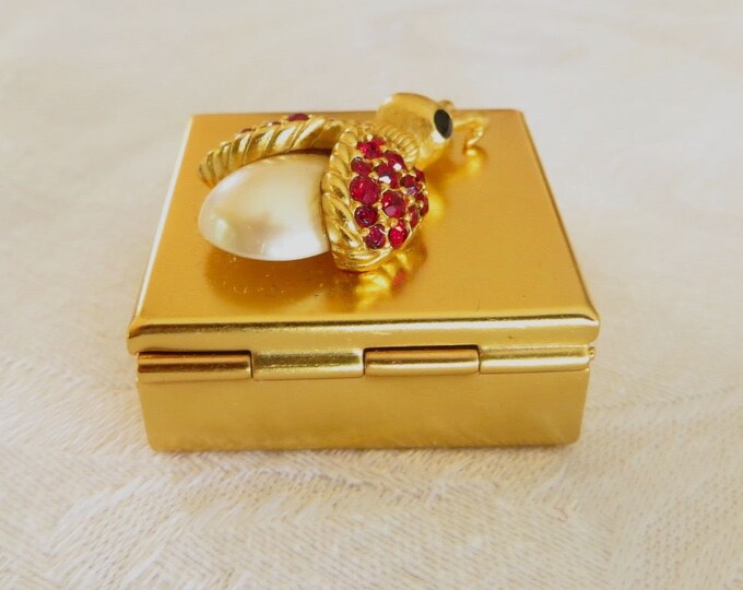 Vintage Ladybug Pill Box, Insect Pill Case, Trinket Case, Rhinestone Pearl Lady bug