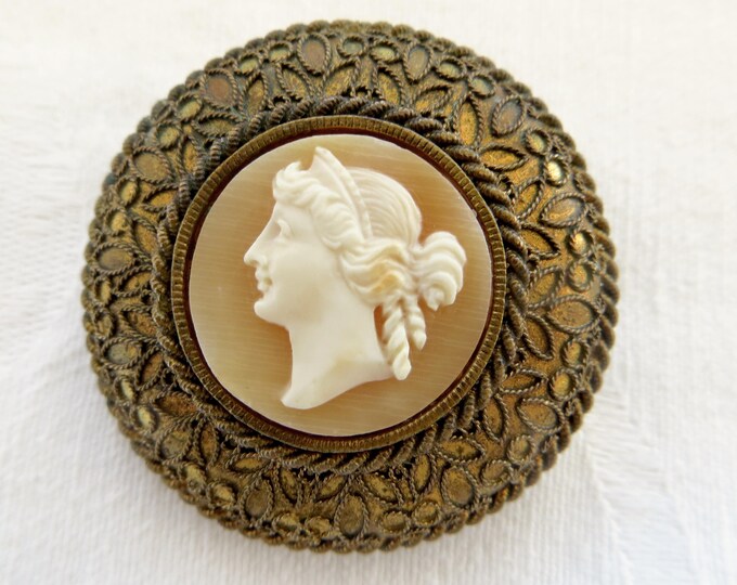 Antique Cameo Brooch Brass Cannetille Setting Shell Cameo Pin Victorian Cameo Jewelry Left Facing Cameo