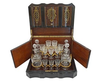Napoleon III French Tantalus Cave a Liqueur Burled Ebonized Woods Gilt Bronze - 19th Century, France