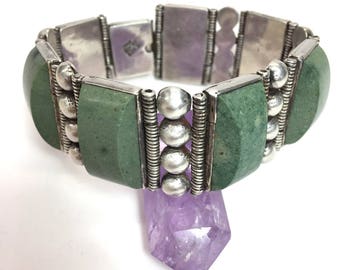 Modernist Bracelet Taxco Bracelet Green Stone Sterling Silver Substantial Panel Bracelet Mexico Statement Jewelry