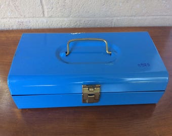 Vintage Blue Metal Toolbox, 11"