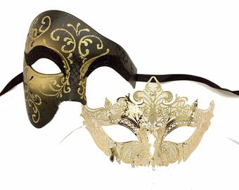 His & Hers Couple Masquerade Masks Set Gold Couple Masks