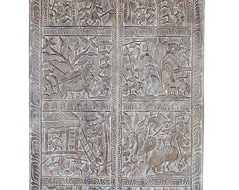 Vintage Headboard Hand Carved Tribal Sculpture Wall Hanging, Wall Sculpture, Panel Decor