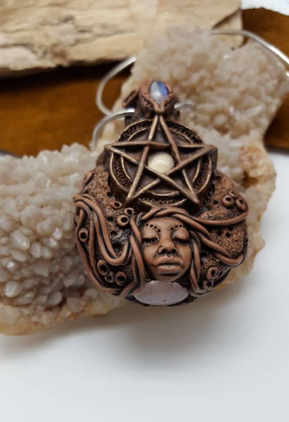Crescent moon goddess pentacle talisman Amulet wearable wand moon stone clay crystal necklace Sam Art Alignment power witch Wicca spell