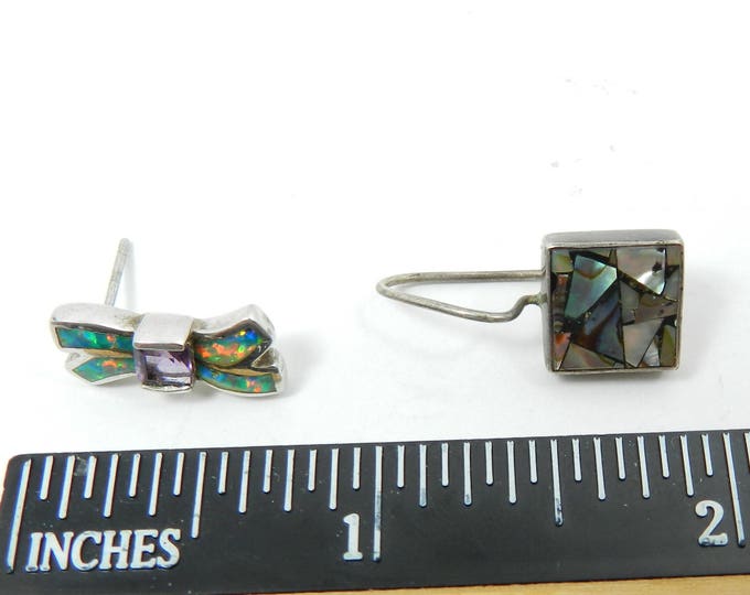 Vintage STERLING SILVER Earring Lot Single Pieces Single Sterling Silver Amethyst Opal Inlay Earring For Wear or Crafts One Stud One dangle