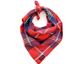 Bold Red Orange Blue Fall Plaid Dog Bandana Traditional Knot Tie Accessory Small Medium Large "The Bonfire"