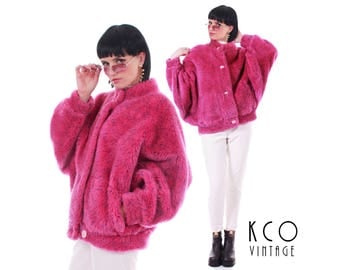 90s Vtg Pink Faux Fur Coat TRONCI Italy Massive Batwing Speckled Blue Shaggy Club Kid Raver Vintage Jacket Women's Size MEDIUM / LARGE