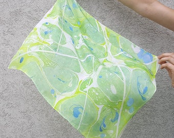 Green and Blue Hand-Marbled Silk Square Scarf