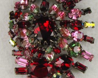 Gorgeous Schreiner New York Two Tiered Brooch In Shades of Red Green & Pink Glass
