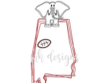State of Alabama with Elephant and Football embroidery design, Vintage stitch elephant, Alabama embroidery file, Bean stitch elephant