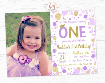 Princess Invitation, Purple and Gold princess Birthday Invitation, Gold and purple first birhtday party sparkle confetti, PRINTABLE FILE