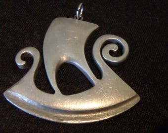Vintage 1960's Modernist R. Tennesmed Sweden Pewter Viking Ship Pendant, Classic Scandinavian Art Deco Style Ship