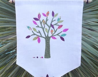 Banner in my tree of life multicolored white washed linen