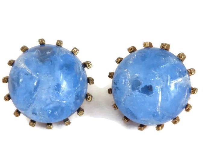 Blue Marbled Button Earrings, Vintage Lucite Clip-ons, Signed STAR Earrings, FREE SHIPPING